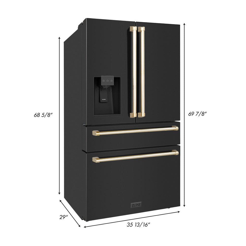 ZLINE Autograph Edition 36 in. 21.6 cu. ft. Counter-Depth French Door Refrigerator with Water and Ice Dispenser in Fingerprint-Resistant Black Stainless Steel with Polished Gold Traditional Handles (RFMZ-W-36-BS-G)