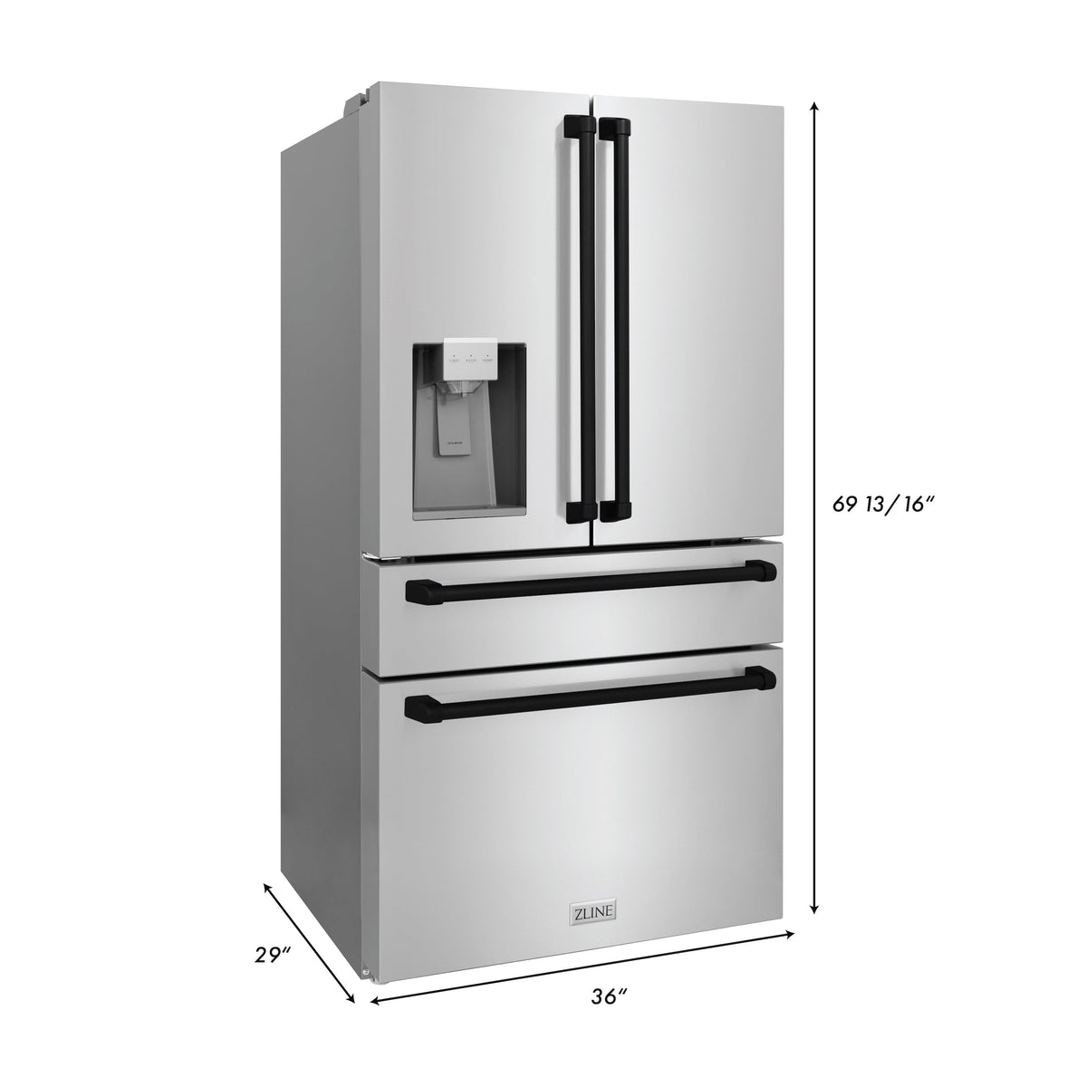 ZLINE Autograph Edition 36 in. Kitchen Package with Stainless Steel Dual Fuel Range, Range Hood, Dishwasher and Refrigerator Including External Water Dispenser with Matte Black Accents (4AKPR-RARHDWM36-MB)