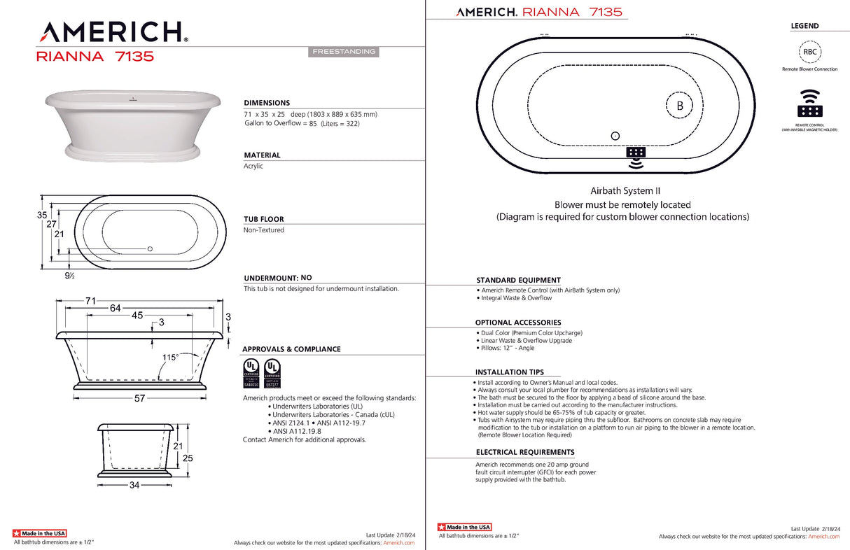 Americh RI7135T-WH Rianna 7135 - Tub Only - White