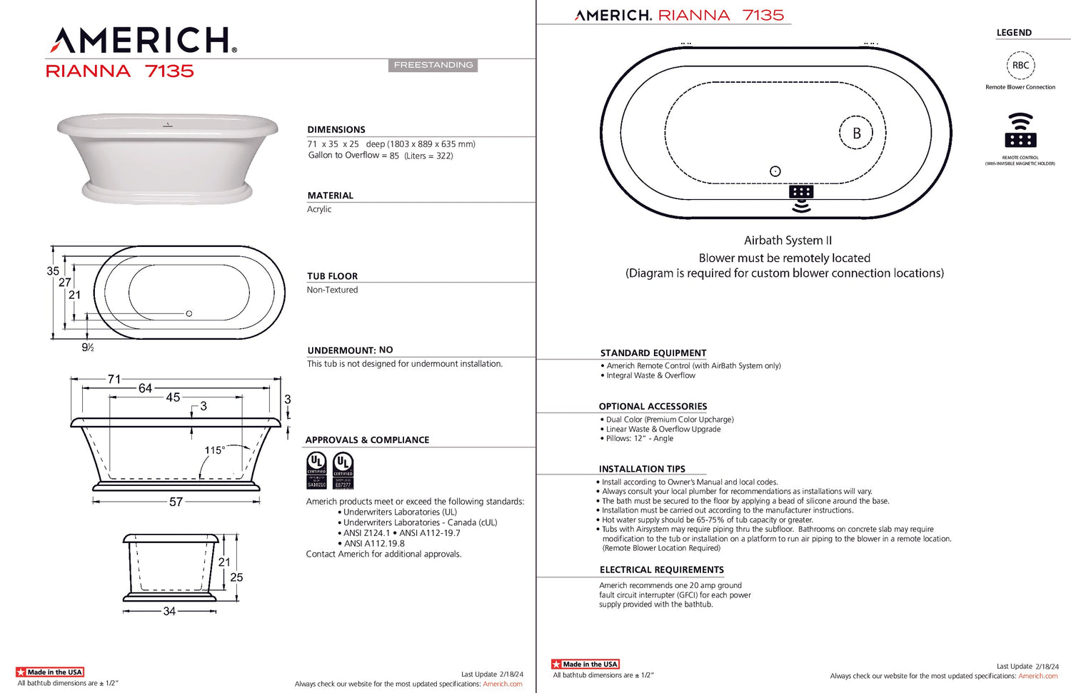 Americh RI7135T-WH Rianna 7135 - Tub Only - White