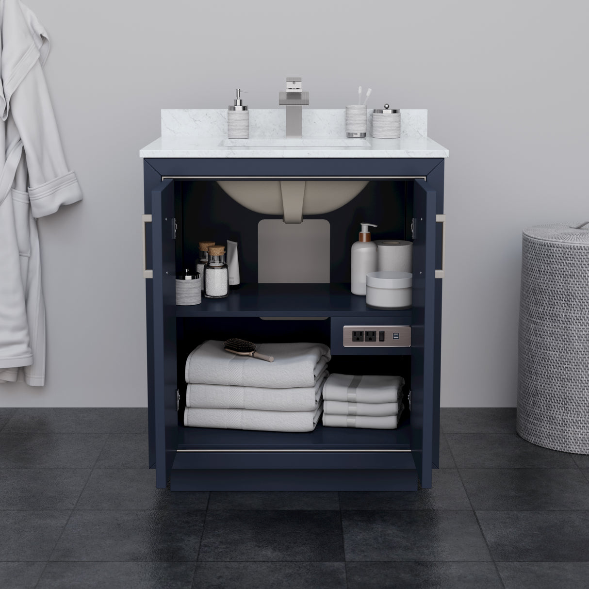 Icon 30 Inch Single Bathroom Vanity in Dark Blue Carrara Cultured Marble Countertop Undermount Square Sink Brushed Nickel Trim
