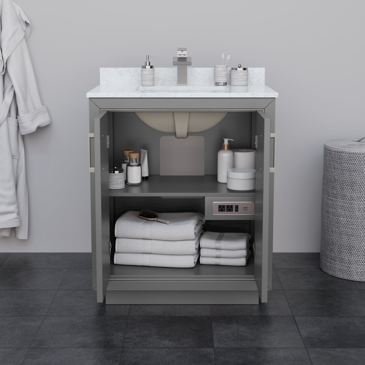 Icon 30 Inch Single Bathroom Vanity in Dark Gray No Countertop No Sink Brushed Nickel Trim