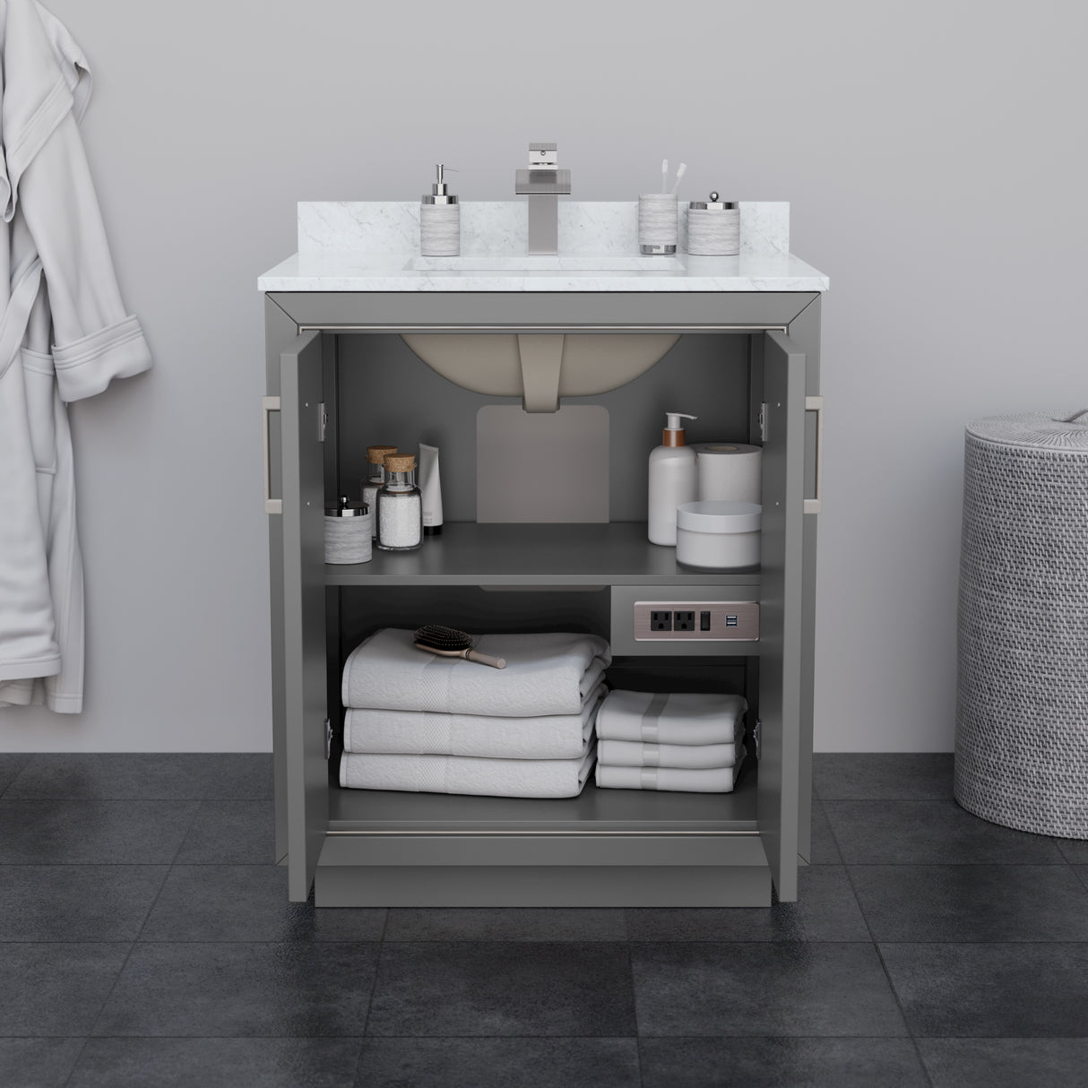 Icon 30 Inch Single Bathroom Vanity in Dark Gray White Cultured Marble Countertop Undermount Square Sink Brushed Nickel Trim 24 Inch Mirror