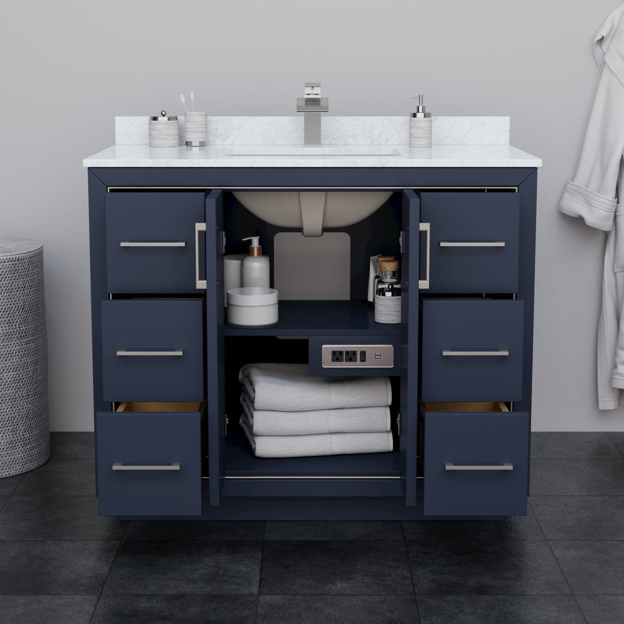Icon 42 Inch Single Bathroom Vanity in Dark Blue White Carrara Marble Countertop Undermount Square Sink Brushed Nickel Trim