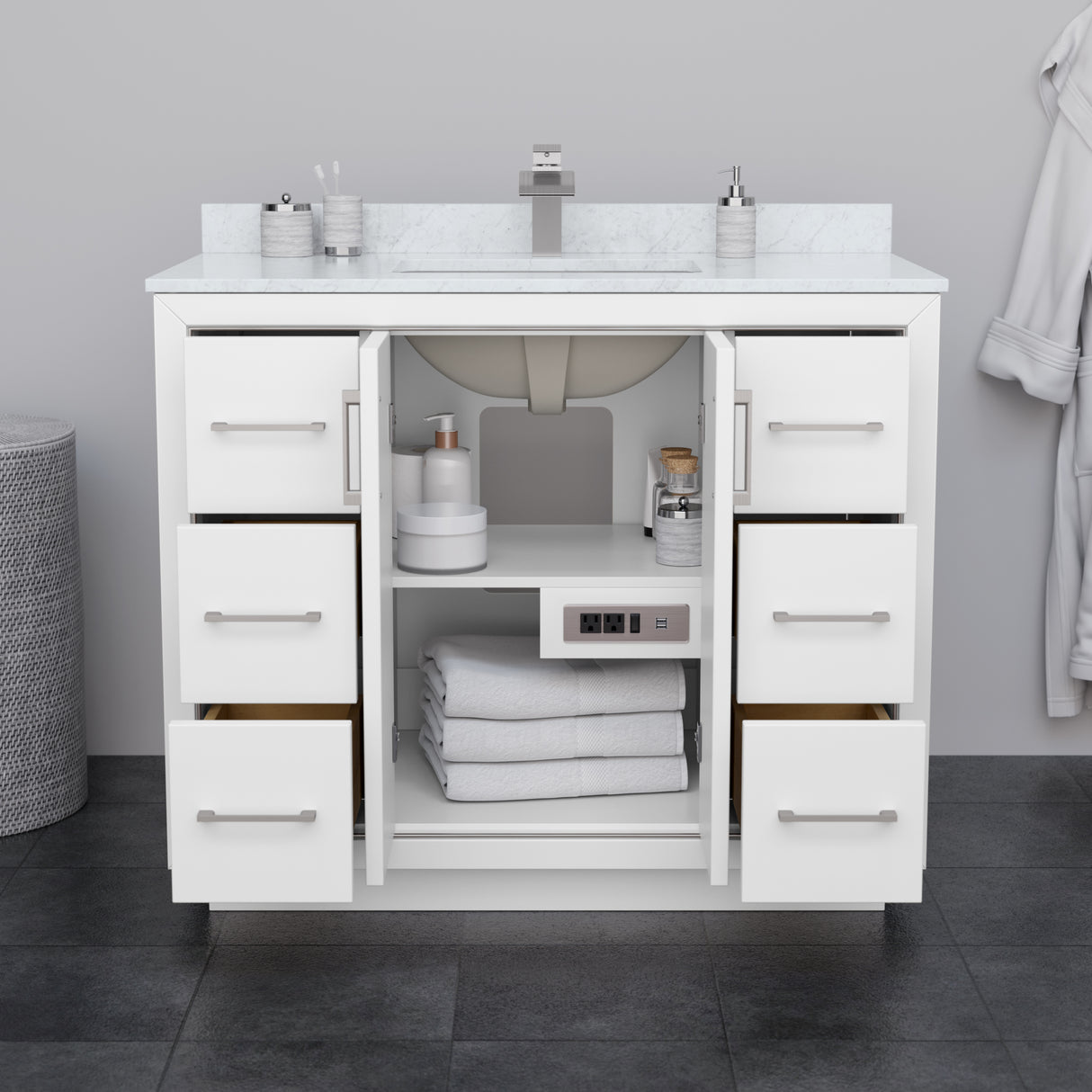 Icon 42 Inch Single Bathroom Vanity in White White Carrara Marble Countertop Undermount Square Sink Matte Black Trim