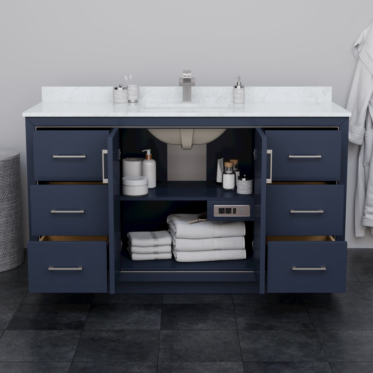 Icon 60 Inch Single Bathroom Vanity in Dark Blue White Cultured Marble Countertop Undermount Square Sink Brushed Nickel Trim 58 Inch Mirror