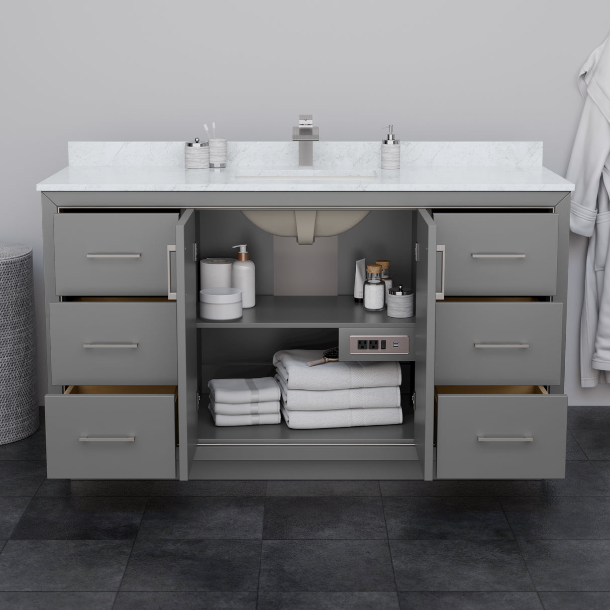 Icon 60 Inch Single Bathroom Vanity in Dark Gray White Cultured Marble Countertop Undermount Square Sink Brushed Nickel Trim 58 Inch Mirror