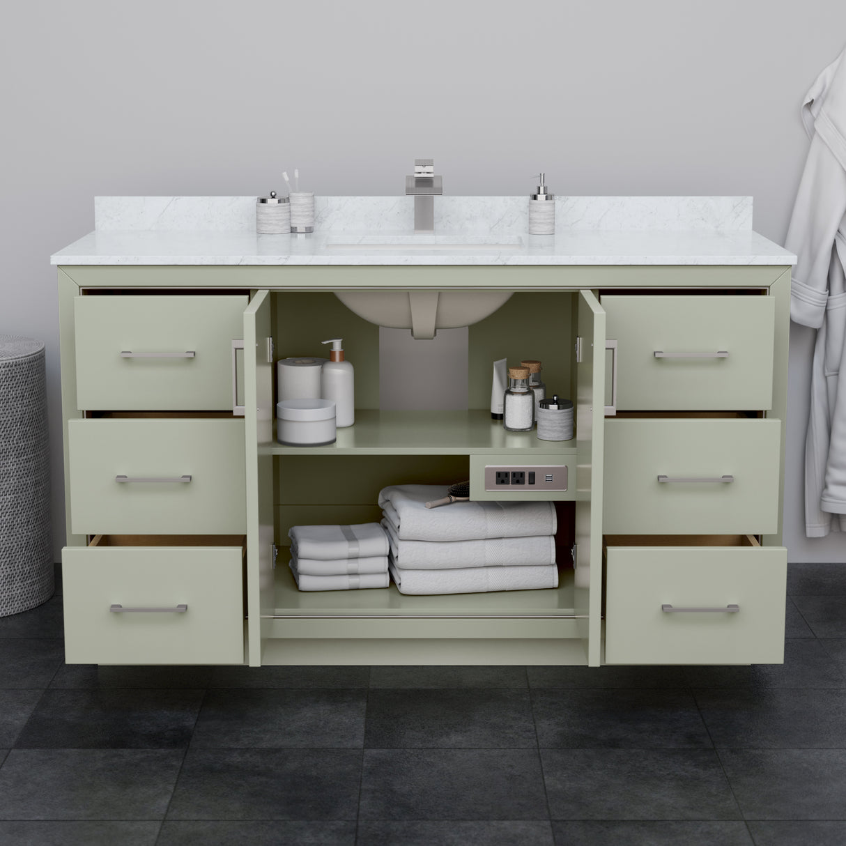 Icon 60 Inch Single Bathroom Vanity in Light Green Carrara Cultured Marble Countertop Undermount Square Sink Brushed Nickel Trim 58 Inch Mirror