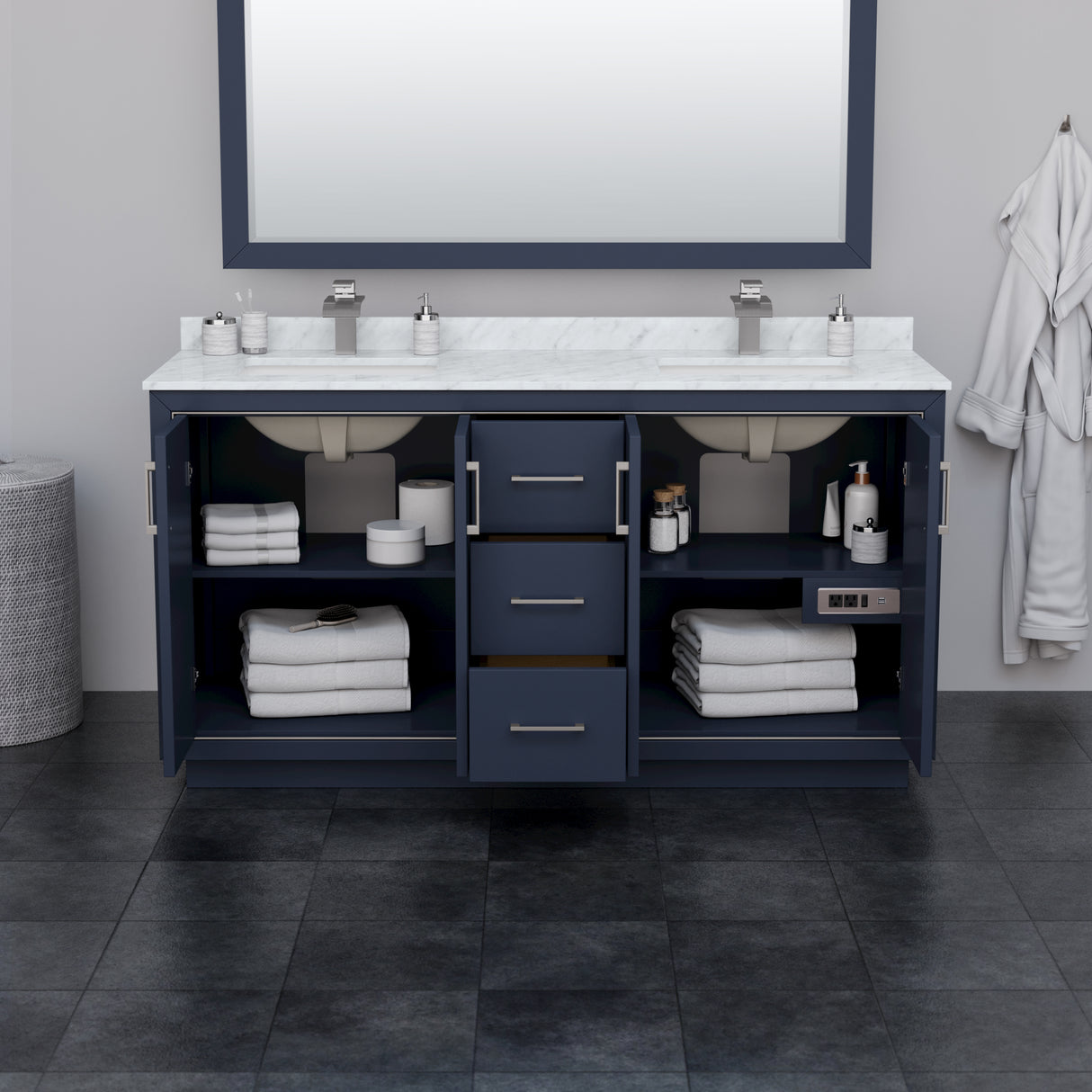 Icon 66 Inch Double Bathroom Vanity in Dark Blue White Carrara Marble Countertop Undermount Square Sinks Brushed Nickel Trim 58 Inch Mirror