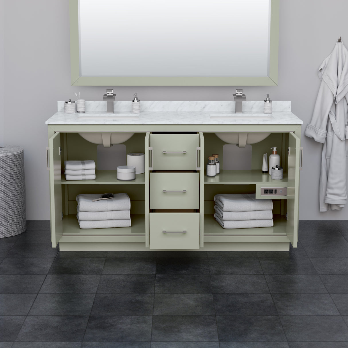 Icon 66 Inch Double Bathroom Vanity in Light Green Carrara Cultured Marble Countertop Undermount Square Sinks Brushed Nickel Trim 58 Inch Mirror