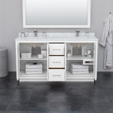 Icon 66 Inch Double Bathroom Vanity in White Carrara Cultured Marble Countertop Undermount Square Sinks Brushed Nickel Trim