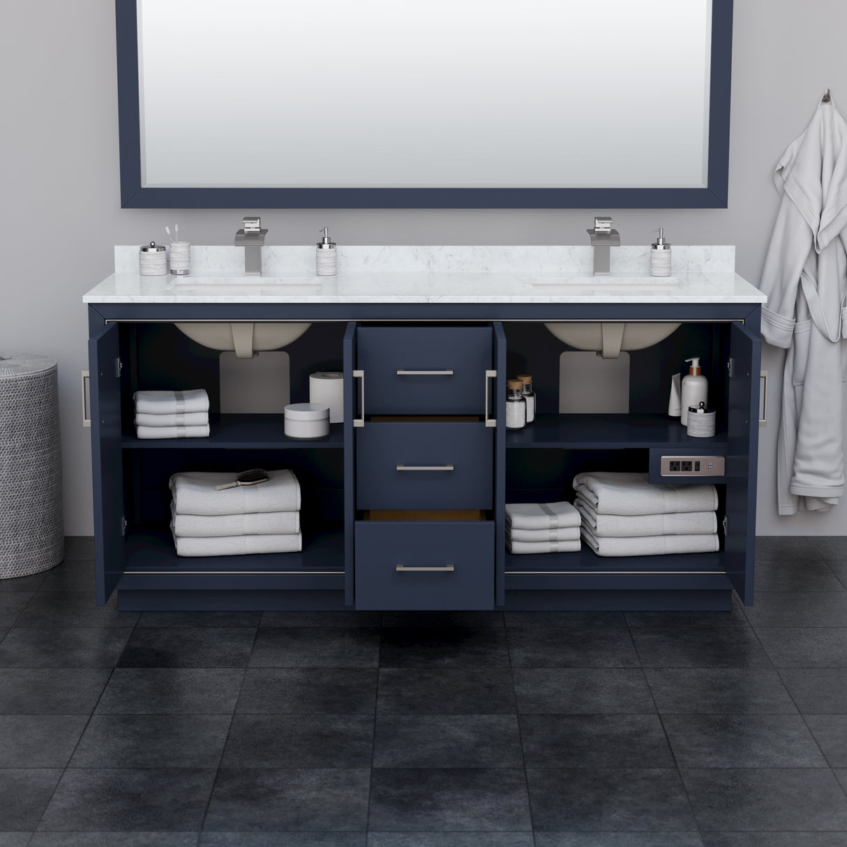 Icon 72 Inch Double Bathroom Vanity in Dark Blue Carrara Cultured Marble Countertop Undermount Square Sinks Brushed Nickel Trim 70 Inch Mirror