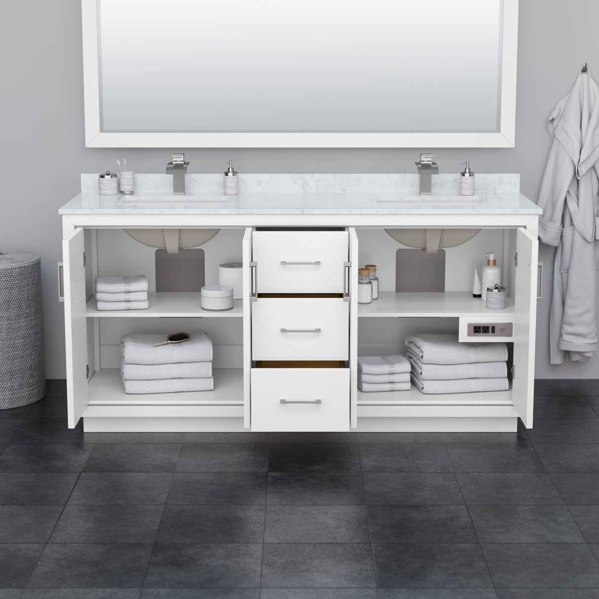 Icon 72 Inch Double Bathroom Vanity in White Carrara Cultured Marble Countertop Undermount Square Sinks Brushed Nickel Trim 70 Inch Mirror
