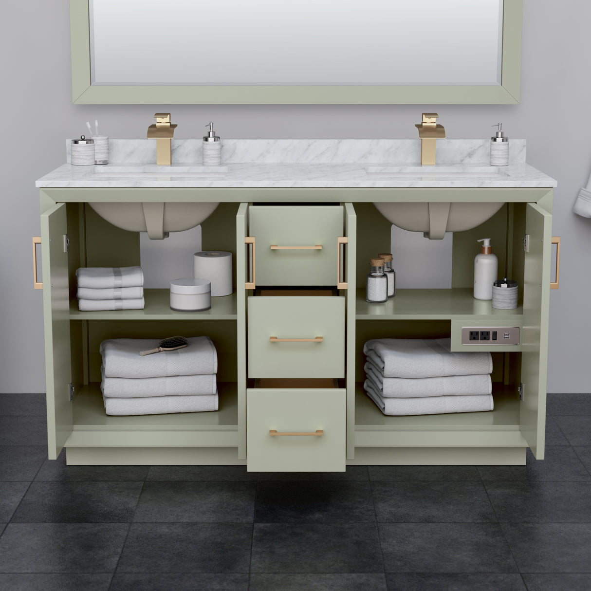 Strada 60 Inch Double Bathroom Vanity in Light Green White Carrara Marble Countertop Undermount Square Sinks Satin Bronze Trim 58 Inch Mirror