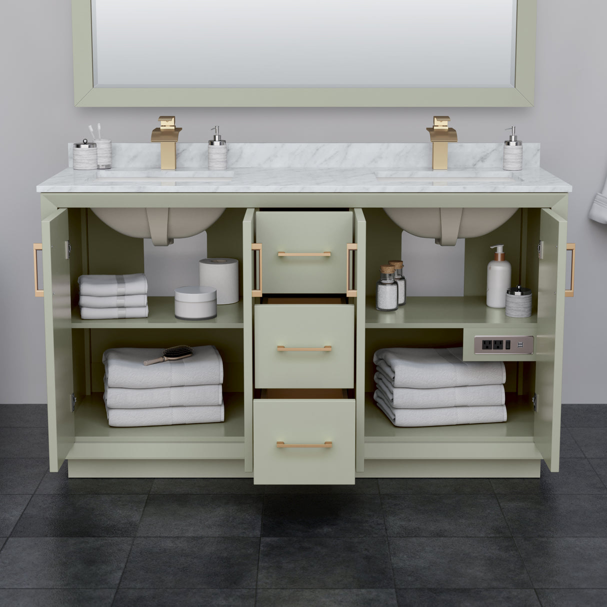 Strada 60 Inch Double Bathroom Vanity in Light Green No Countertop No Sink Satin Bronze Trim 58 Inch Mirror