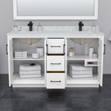 Strada 60 Inch Double Bathroom Vanity in White Carrara Cultured Marble Countertop Undermount Square Sink Brushed Nickel Trim