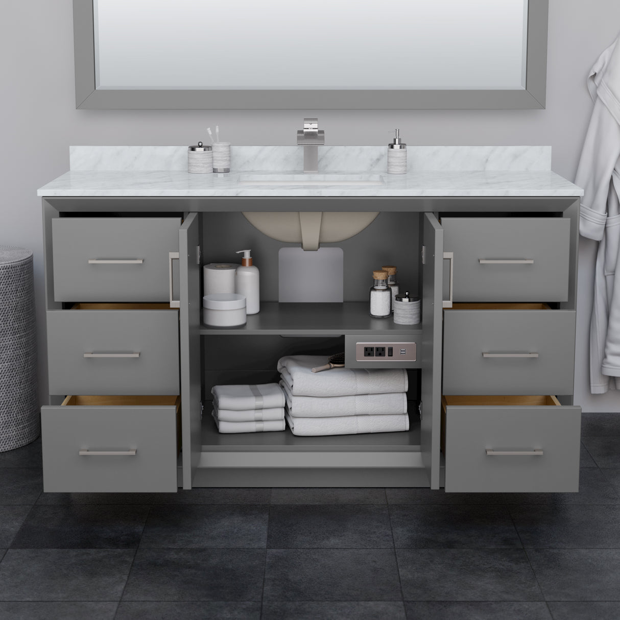 Strada 60 Inch Single Bathroom Vanity in Dark Gray White Carrara Marble Countertop Undermount Square Sink Satin Bronze Trim 58 Inch Mirror