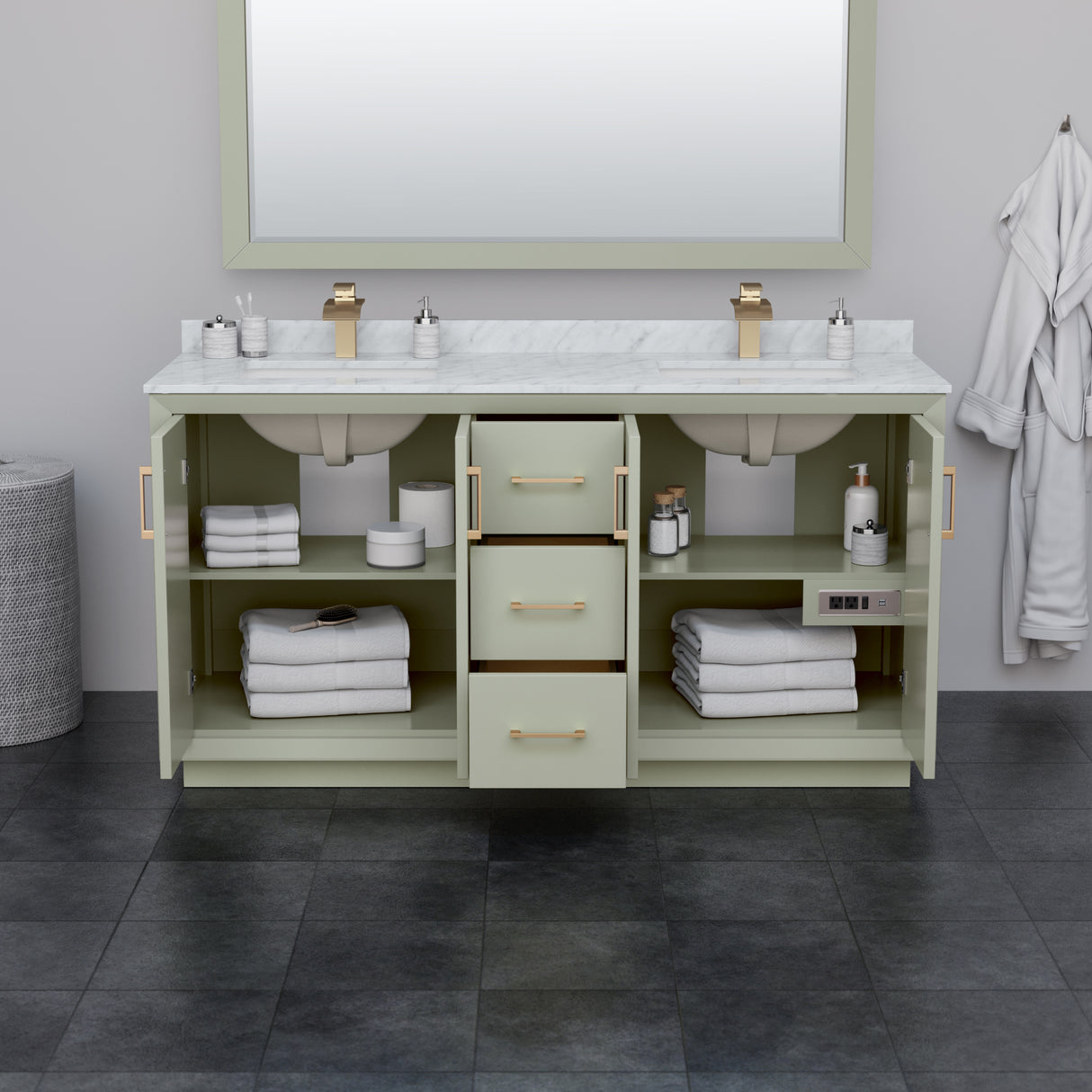Strada 66 Inch Double Bathroom Vanity in Light Green White Carrara Marble Countertop Undermount Square Sinks Satin Bronze Trim