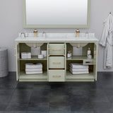 Strada 66 Inch Double Bathroom Vanity in Light Green White Carrara Marble Countertop Undermount Square Sinks Satin Bronze Trim