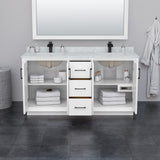 Strada 66 Inch Double Bathroom Vanity in White White Carrara Marble Countertop Undermount Square Sink Matte Black Trim 58 Inch Mirror