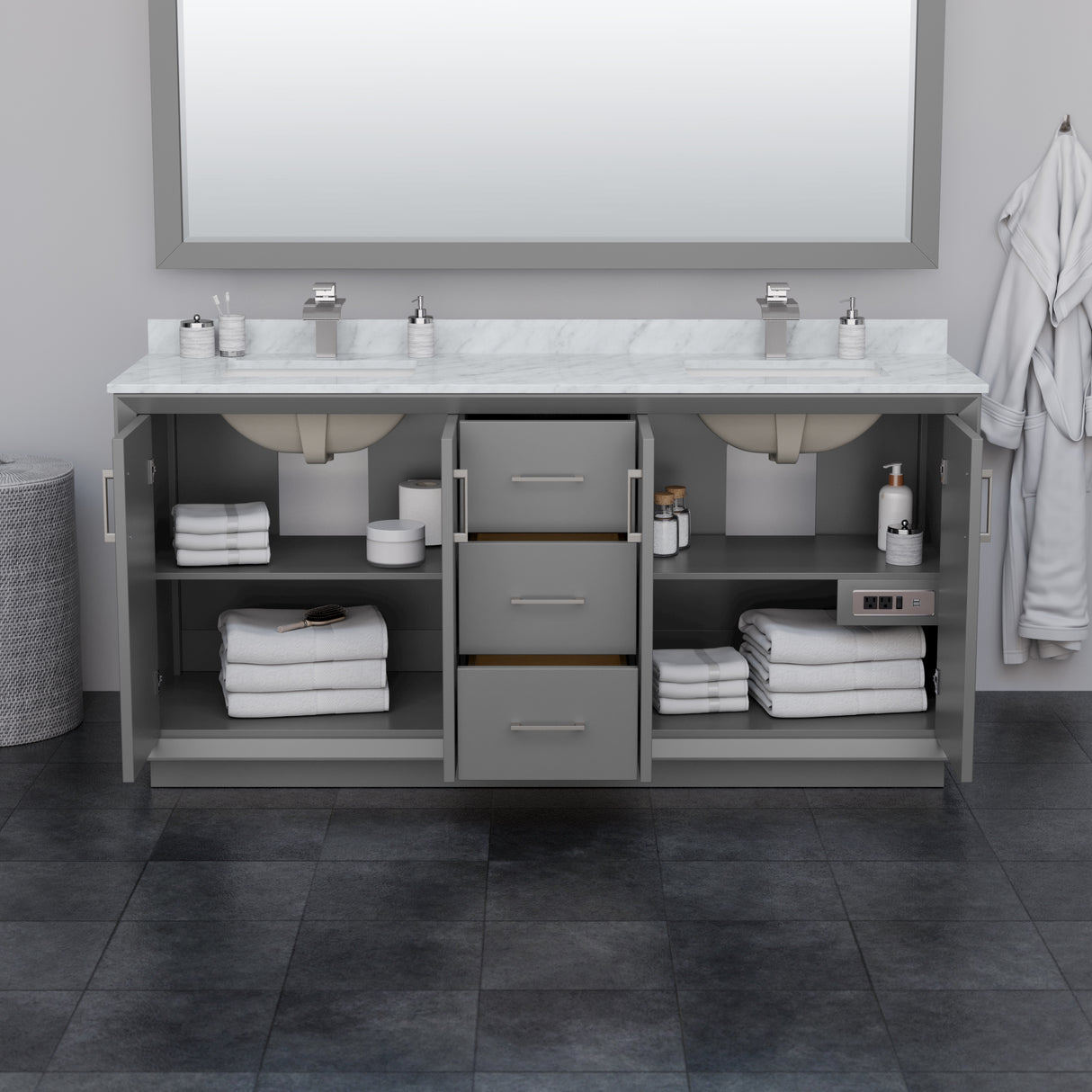 Strada 72 Inch Double Bathroom Vanity in Dark Gray No Countertop No Sink Satin Bronze Trim