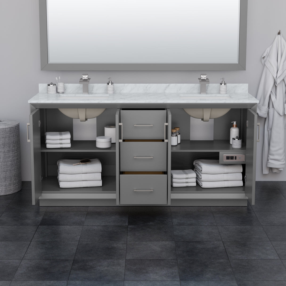 Strada 72 Inch Double Bathroom Vanity in Dark Gray White Carrara Marble Countertop Undermount Square Sink Matte Black Trim 70 Inch Mirror
