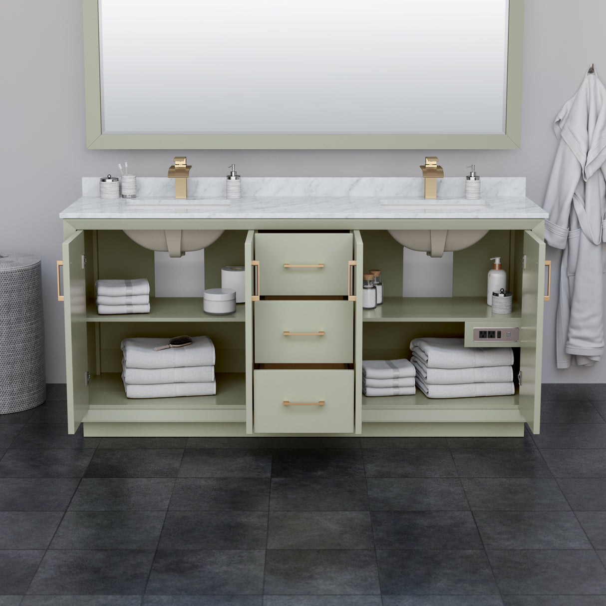 Strada 72 Inch Double Bathroom Vanity in Light Green White Carrara Marble Countertop Undermount Square Sinks Satin Bronze Trim 70 Inch Mirror