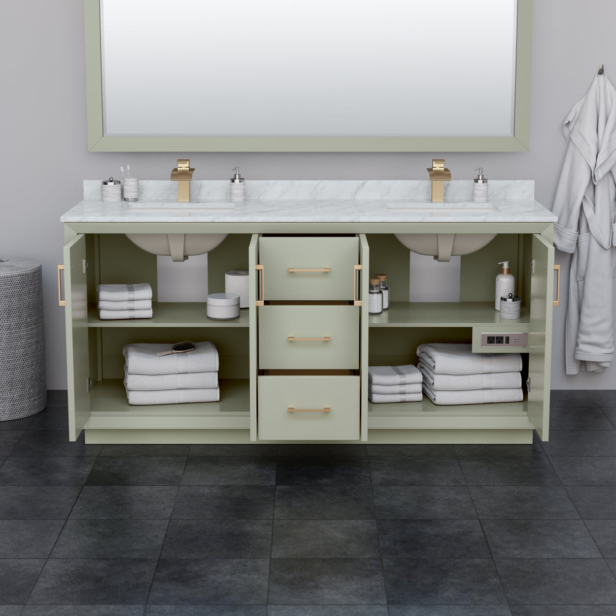 Strada 72 Inch Double Bathroom Vanity in Light Green Carrara Cultured Marble Countertop Undermount Square Sinks Matte Black Trim 70 Inch Mirror