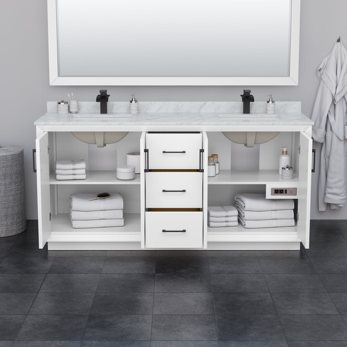 Strada 72 Inch Double Bathroom Vanity in White White Carrara Marble Countertop Undermount Square Sink Matte Black Trim 70 Inch Mirror