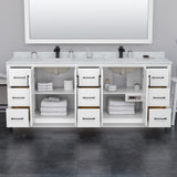 Strada 84 Inch Double Bathroom Vanity in White Carrara Cultured Marble Countertop Undermount Square Sink Brushed Nickel Trim