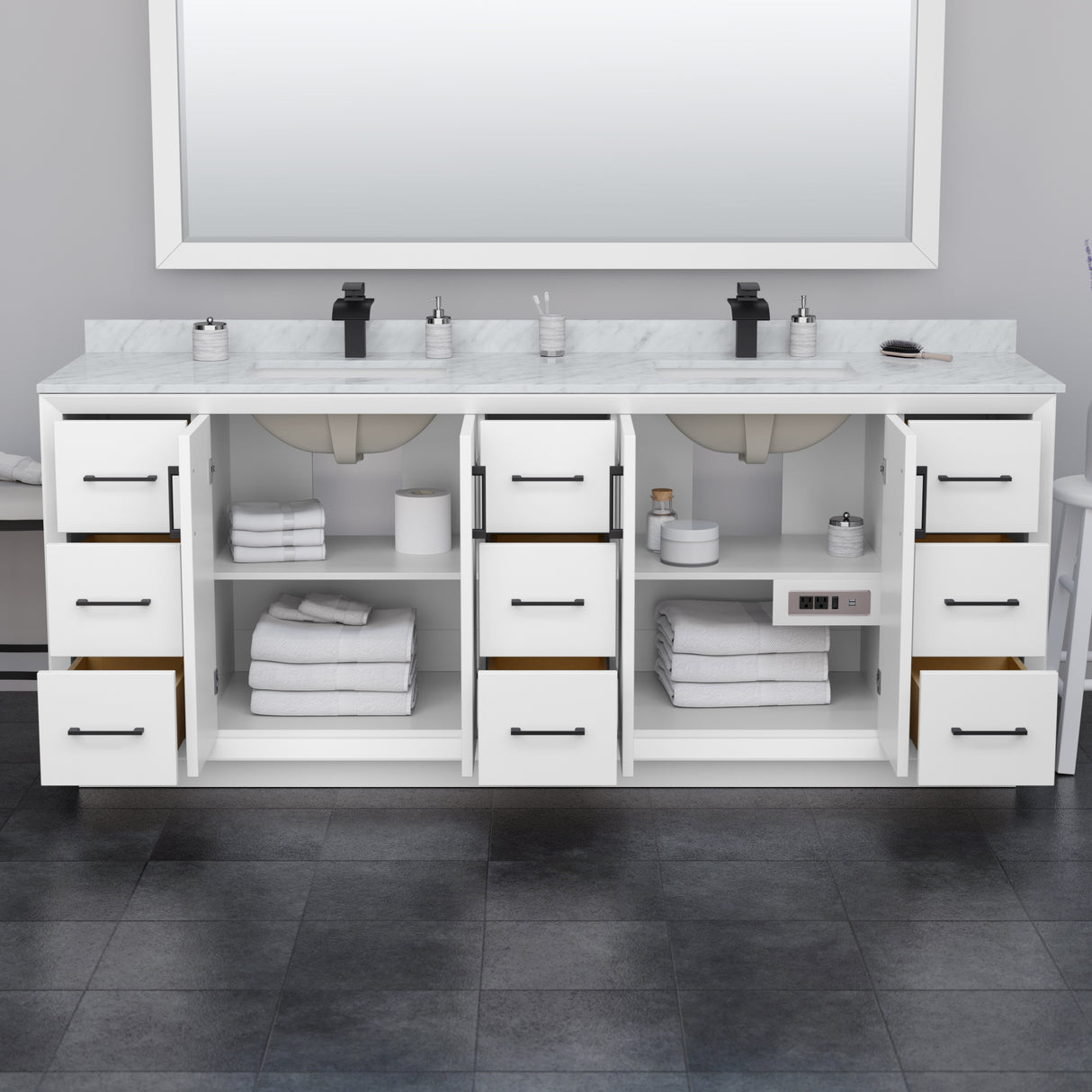 Strada 84 Inch Double Bathroom Vanity in White Carrara Cultured Marble Countertop Undermount Square Sink Matte Black Trim