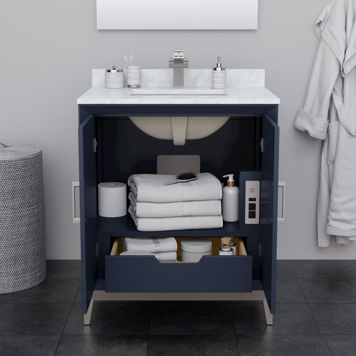 Marlena 30 Inch Single Bathroom Vanity in Dark Blue White Cultured Marble Countertop Undermount Square Sink Brushed Nickel Trim