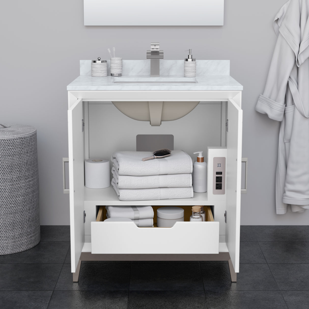 Marlena 30 Inch Single Bathroom Vanity in White White Carrara Marble Countertop Undermount Square Sink Satin Bronze Trim