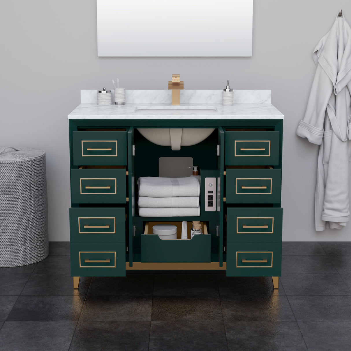 Marlena 42 Inch Single Bathroom Vanity in Green White Carrara Marble Countertop Undermount Square Sink Satin Bronze Trim