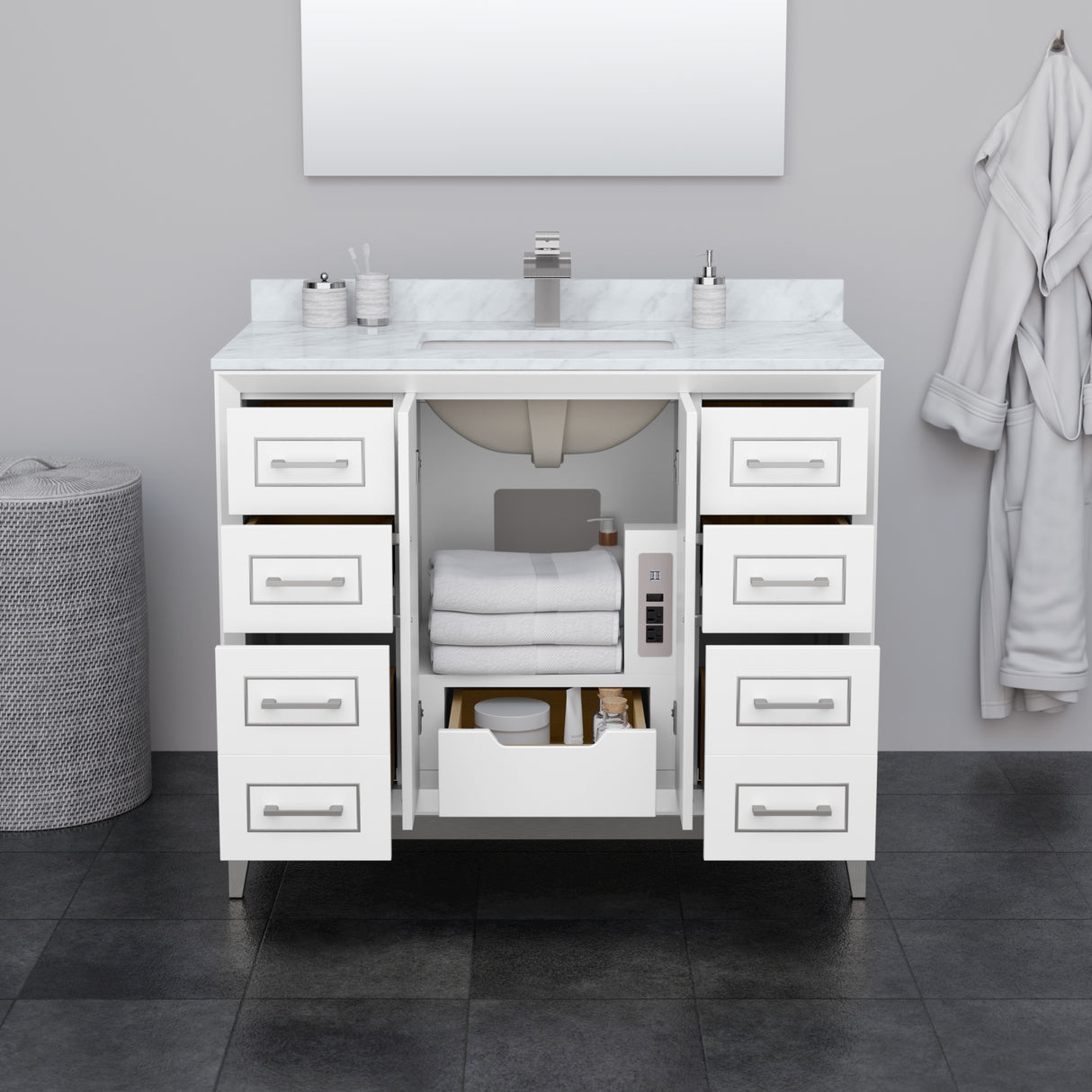 Marlena 42 Inch Single Bathroom Vanity in White No Countertop No Sink Satin Bronze Trim