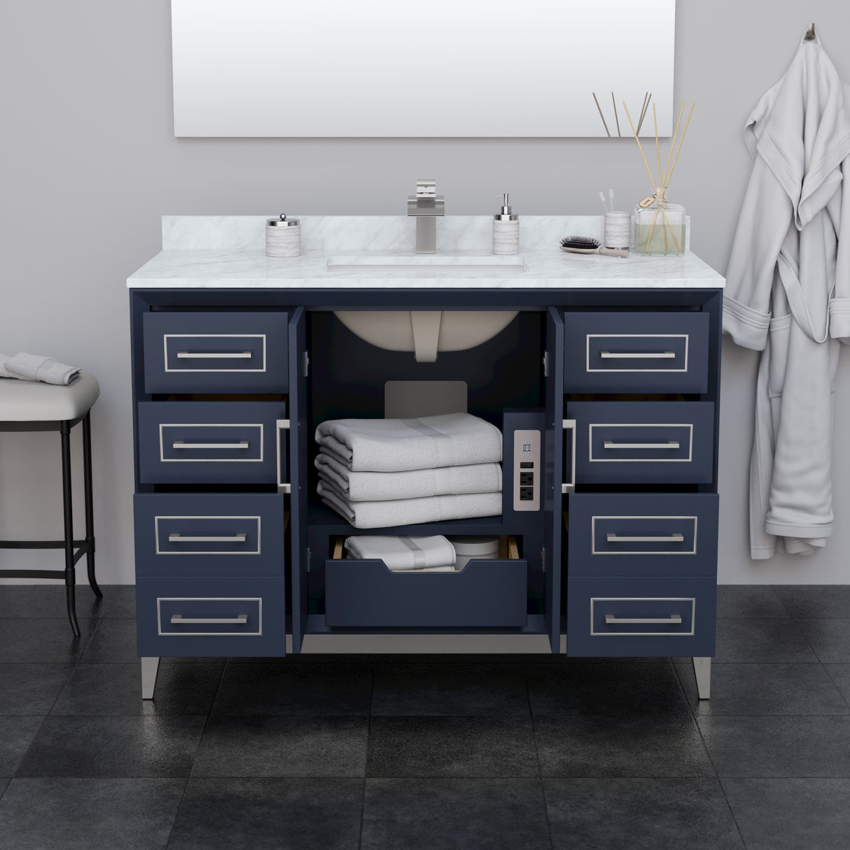 Marlena 48 Inch Single Bathroom Vanity in Dark Blue White Carrara Marble Countertop Undermount Square Sink Brushed Nickel Trim