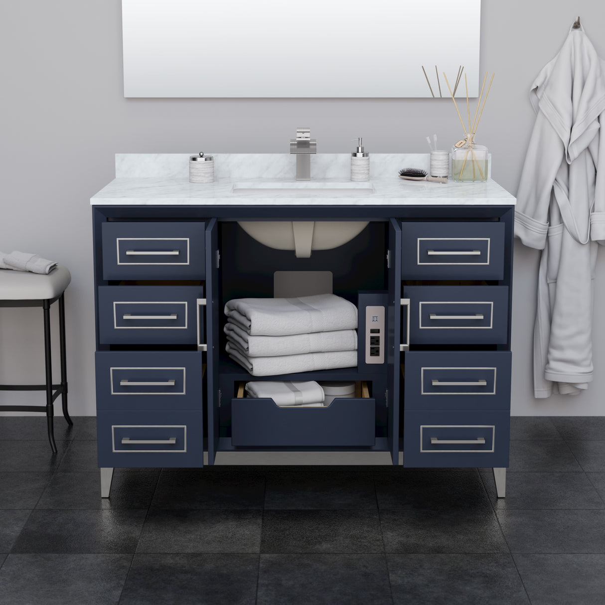 Marlena 48 Inch Single Bathroom Vanity in Dark Blue White Cultured Marble Countertop Undermount Square Sink Brushed Nickel Trim