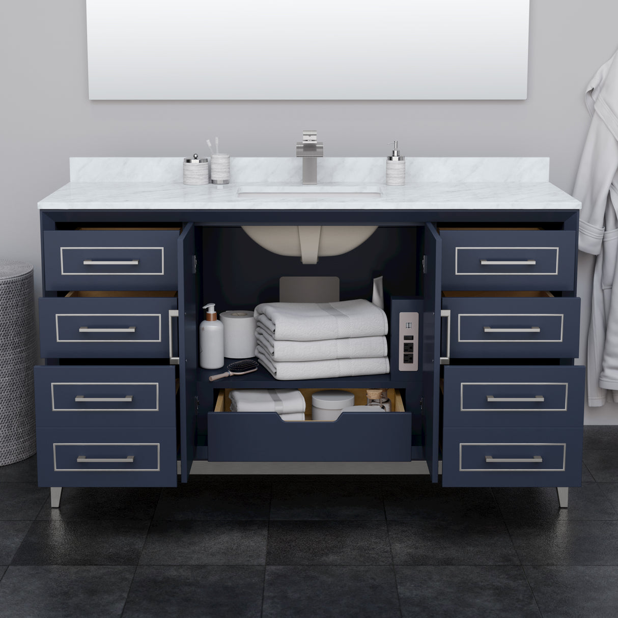 Marlena 60 Inch Single Bathroom Vanity in Dark Blue Carrara Cultured Marble Countertop Undermount Square Sink Brushed Nickel Trim