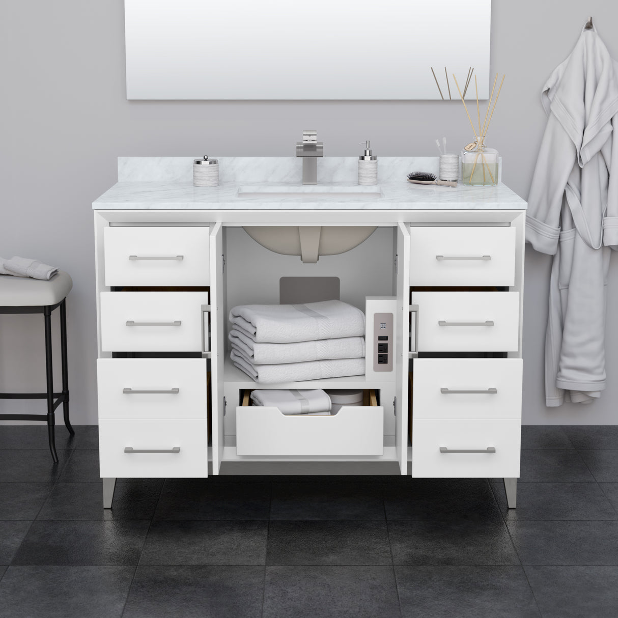 Amici 48 Inch Single Bathroom Vanity in White Carrara Cultured Marble Countertop Undermount Square Sink Brushed Nickel Trim