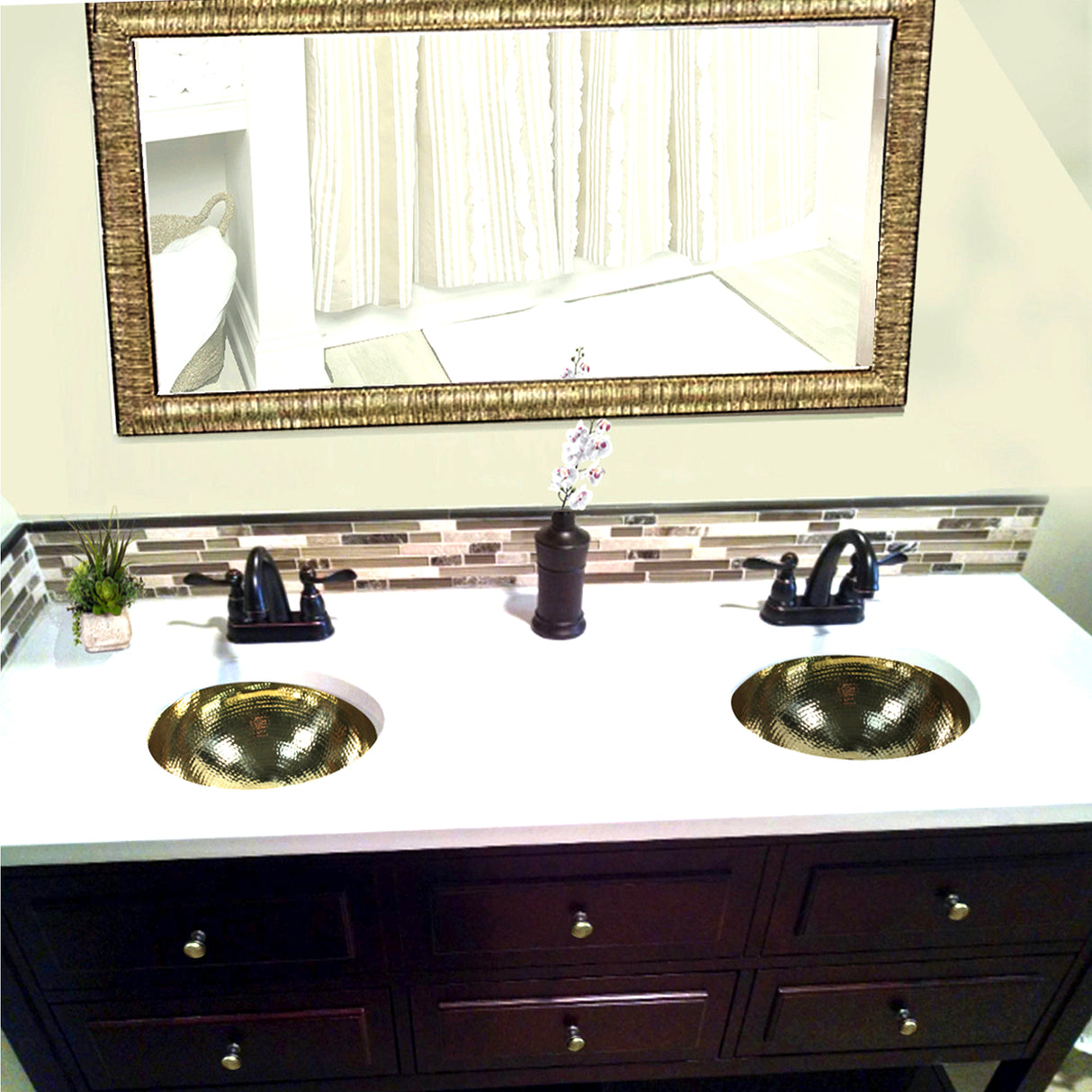 Nantucket Sinks' ROB-OF - 13 Inch Hand Hammered Brass Round Undermount Bathroom Sink, Brass With Overflow