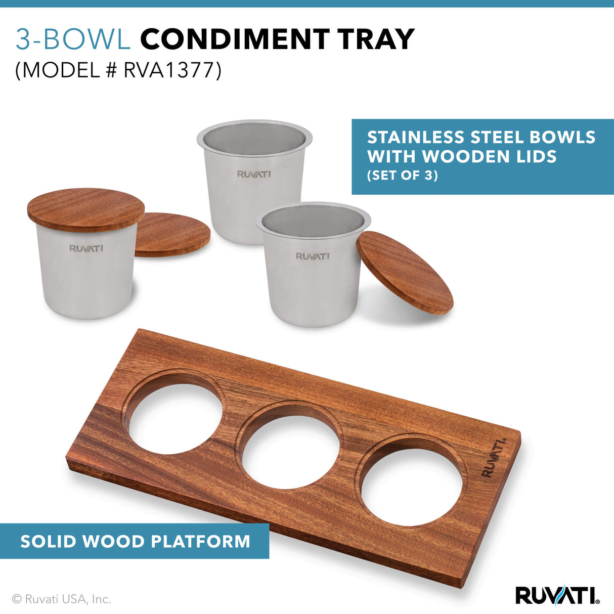 Ruvati Condiment Tray 3 Bowl Serving Board for Workstation Sinks (complete set) - RVA1377