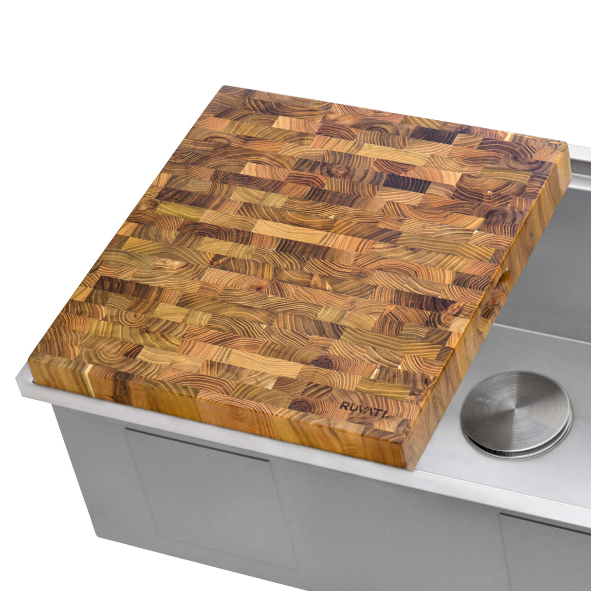 Ruvati 17 x 16 x 2 inch thick End-Grain Teak Butcher Block Solid Wood Large Workstation Cutting Board - RVA2445TKE