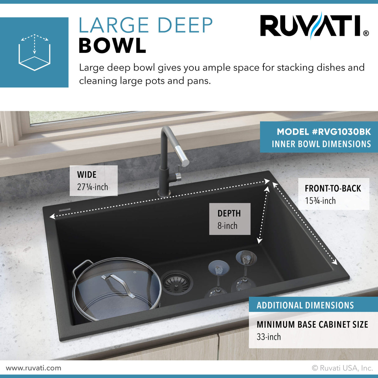 Ruvati 30 x 20 inch epiGranite Drop-in Topmount Granite Composite Single Bowl Kitchen Sink - Midnight Black - RVG1030BK