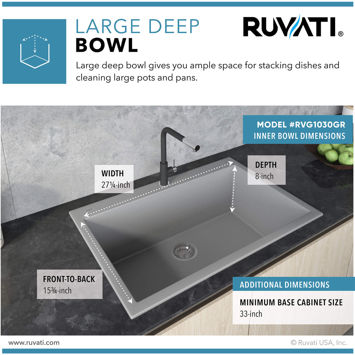 Ruvati 30 x 20 inch epiGranite Drop-in Topmount Granite Composite Single Bowl Kitchen Sink - Silver Gray - RVG1030GR