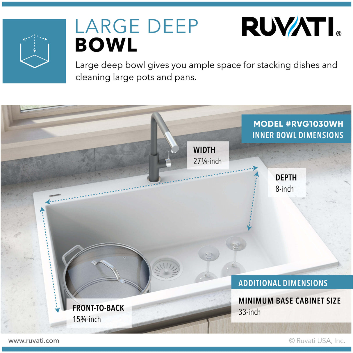 Ruvati 30 x 20 inch epiGranite Drop-in Topmount Granite Composite Single Bowl Kitchen Sink - Arctic White - RVG1030WH