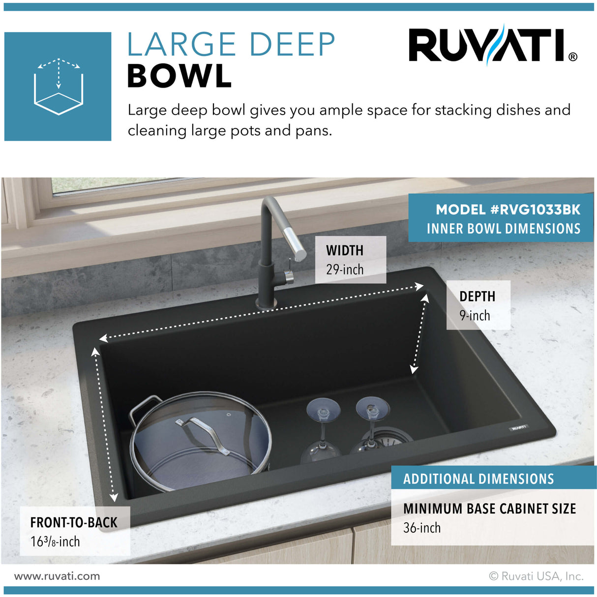 Ruvati 33 x 22 inch epiGranite Drop-in Topmount Granite Composite Single Bowl Kitchen Sink - Midnight Black - RVG1033BK