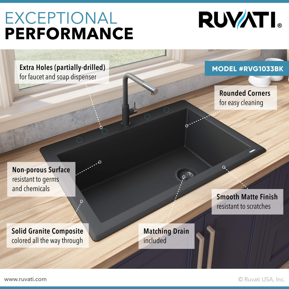 Ruvati 33 x 22 inch epiGranite Drop-in Topmount Granite Composite Single Bowl Kitchen Sink - Midnight Black - RVG1033BK