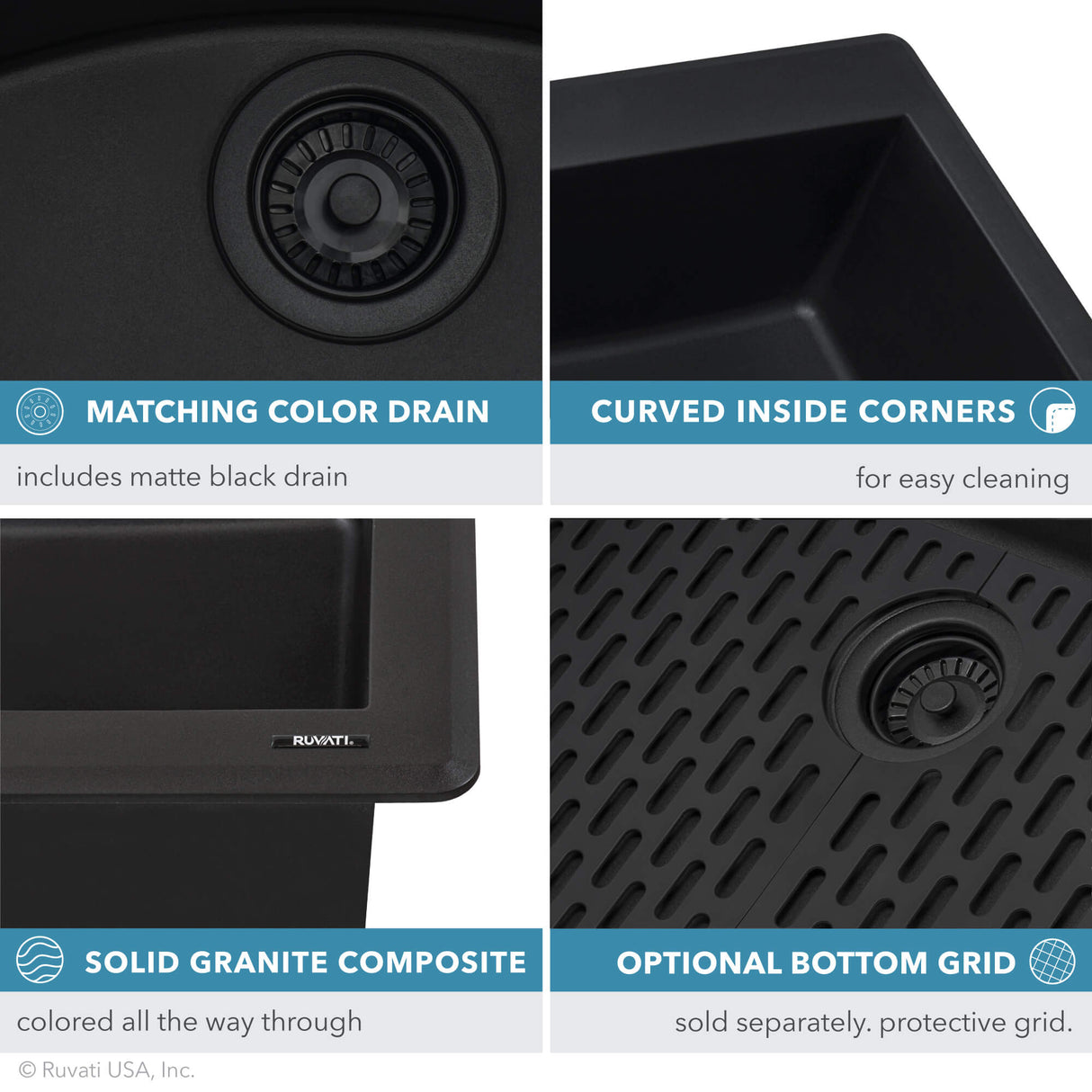 Ruvati 33 x 22 inch epiGranite Drop-in Topmount Granite Composite Single Bowl Kitchen Sink - Midnight Black - RVG1033BK