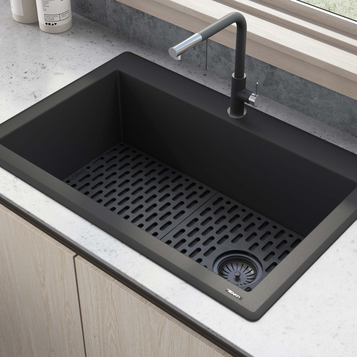 Ruvati 33 x 22 inch epiGranite Drop-in Topmount Granite Composite Single Bowl Kitchen Sink - Midnight Black - RVG1033BK