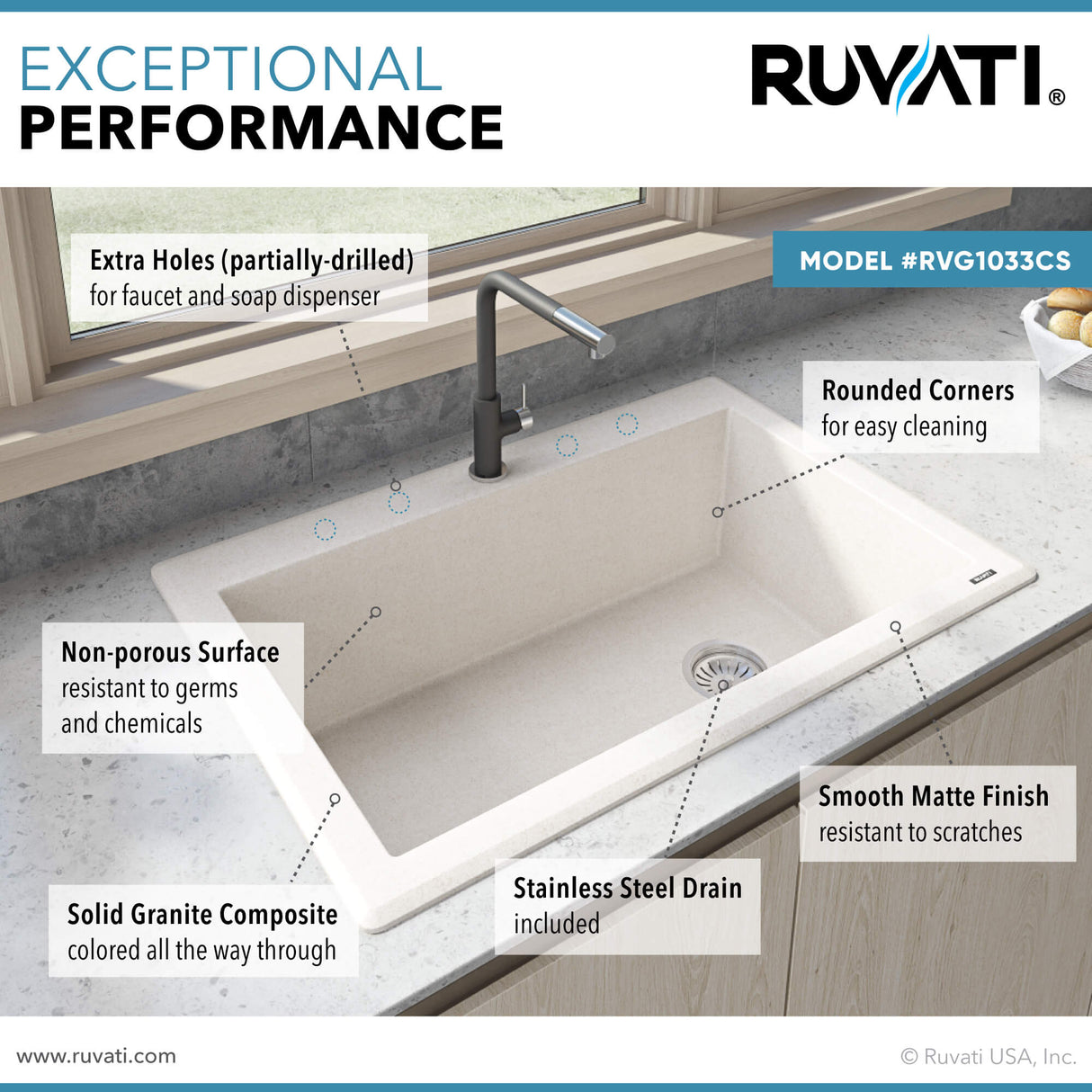 Ruvati 33 x 22 inch epiGranite Drop-in Topmount Granite Composite Single Bowl Kitchen Sink - Caribbean Sand - RVG1033CS